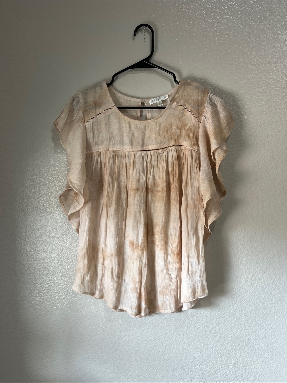 Spense Brown Cream Tone Ruffle Sleeve Blouse Sz PL Boho Lightweight Chic TC0176
